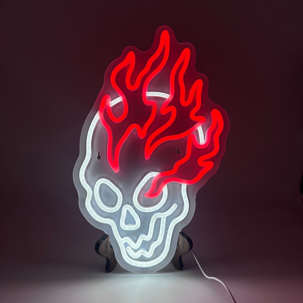 Flaming Skull LED Neon Sign Red White USB Powered Wall Decor Light 15.5 Inch